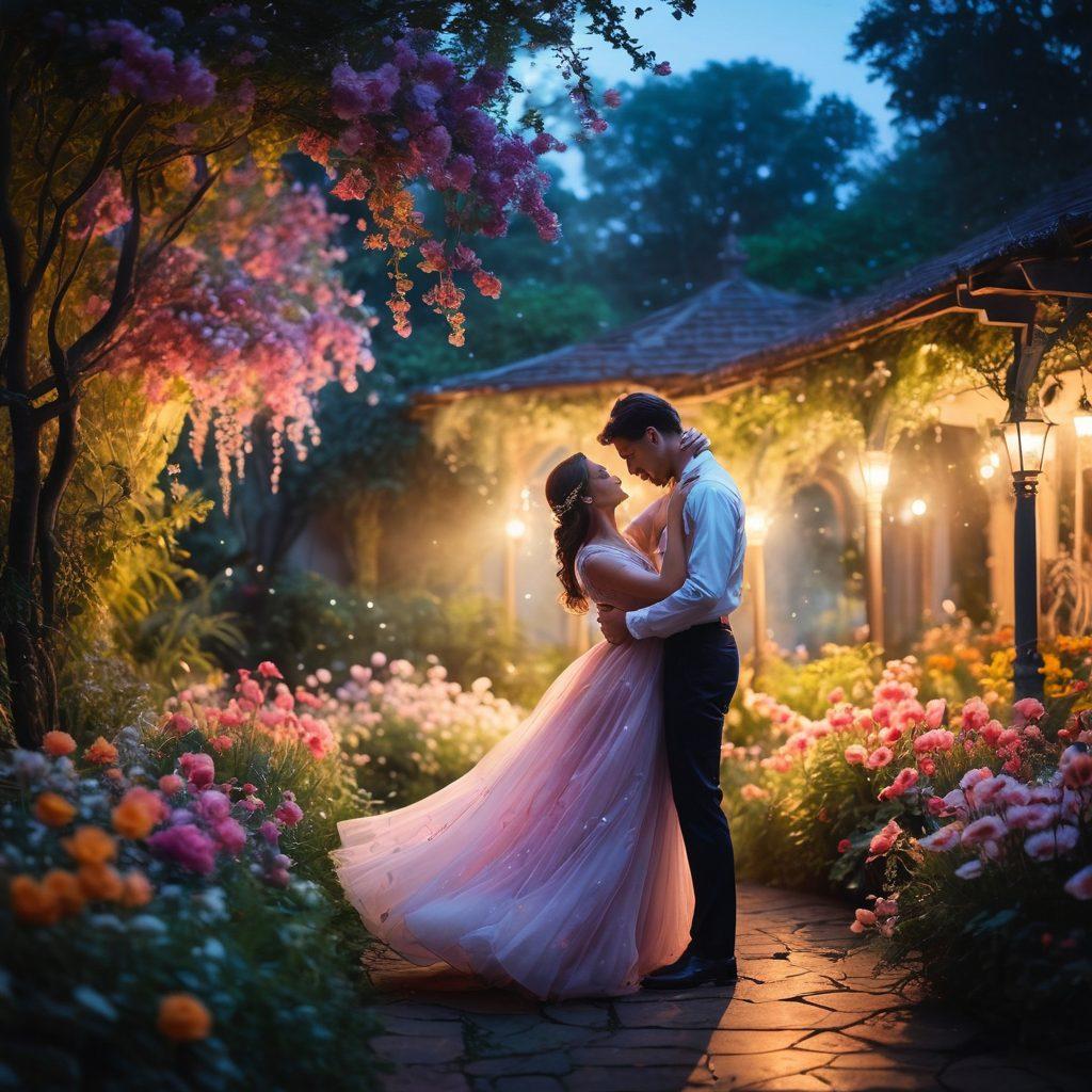 A captivating scene of a young couple dancing intimately in a moonlit garden, surrounded by lush flowers and gentle wisps of mist. The ambiance is filled with an ethereal glow, highlighting their expressions of joy and allure as they navigate their connection. The colors are rich and vibrant, creating a dreamlike quality, with soft lighting enhancing the romantic atmosphere. surrealism. vibrant colors. soft focus.