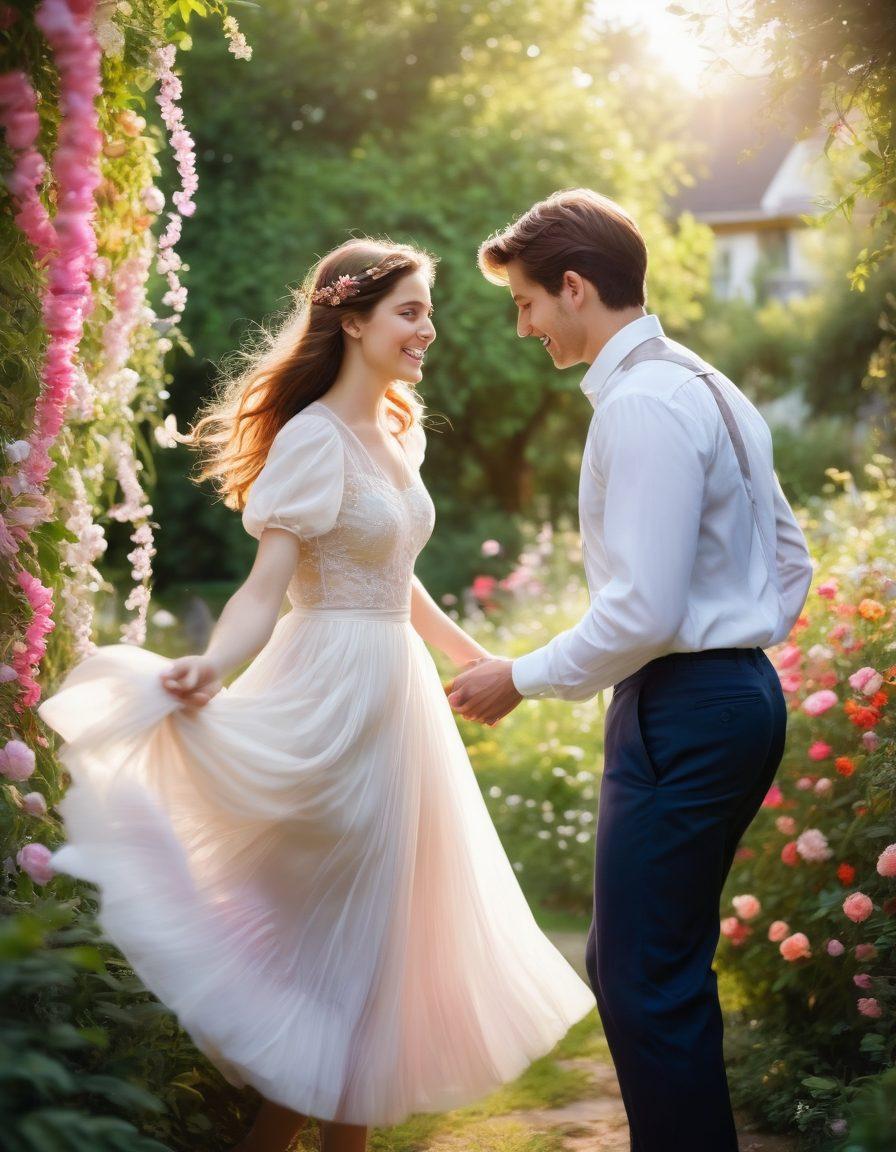 A captivating scene depicting two young individuals playfully interacting in a sunlit garden, surrounded by blooming flowers that symbolize youthful exuberance. Their expressions are joyful and flirtatious, showcasing the essence of intimacy and connection. Soft, ethereal lighting enhances the romantic atmosphere, while wisps of colorful ribbons flutter around them, adding a sense of whimsy. super-realistic. vibrant colors. soft focus.
