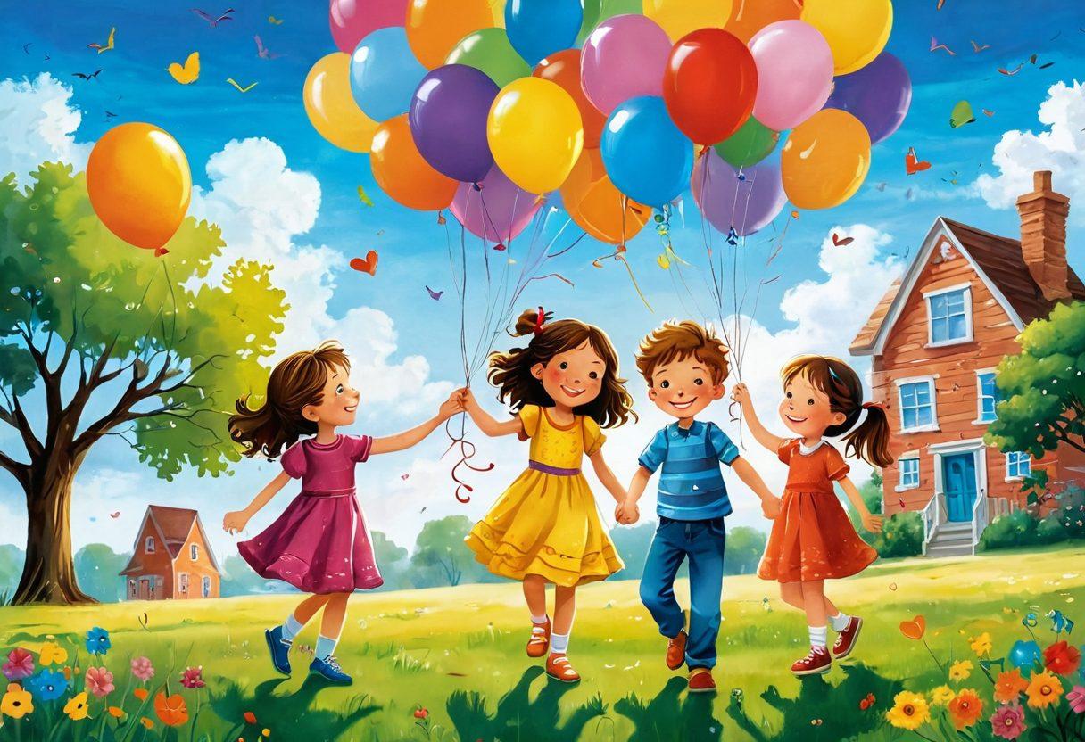 A whimsical and colorful scene depicting playful, innocent interactions between children symbols of friendship and joy, such as holding hands, sharing laughter, and engaging in funny, light-hearted activities. Incorporate soft and playful elements like balloons, toys, and gentle nature scenes surrounding them to emphasize the fun and amusement of youthful intimacy. Evoke a sense of warmth, innocence, and creativity. vibrant colors. whimsical art style.